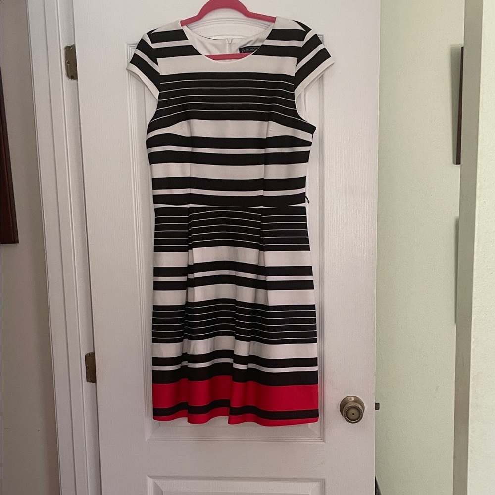 Karin Stevens Black and White Striped Dress with Red Hem